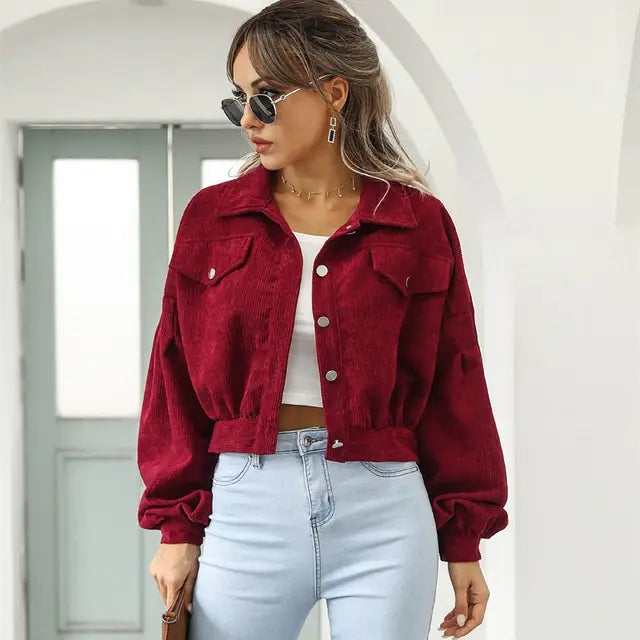 2024 Women's Corduroy Short Jacket with Lantern Sleeves