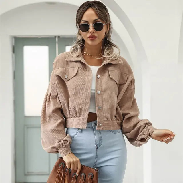 2024 Women's Corduroy Short Jacket with Lantern Sleeves