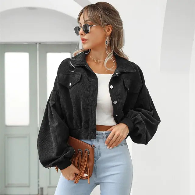 2024 Women's Corduroy Short Jacket with Lantern Sleeves
