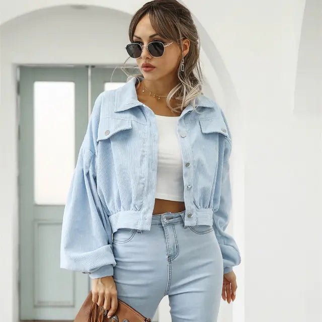 2024 Women's Corduroy Short Jacket with Lantern Sleeves