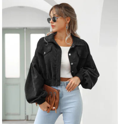 Lapel Corduroy Jacket with Lantern Sleeves for Women